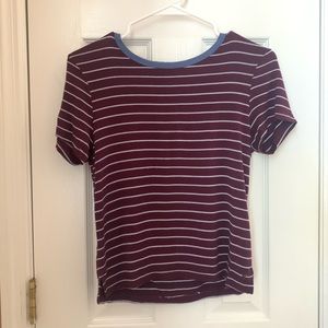 Maroon and White Striped Crew Neck T-shirt from American Eagle